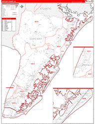 Cape May County, NJ Wall Map Zip Code Red Line Style 2026